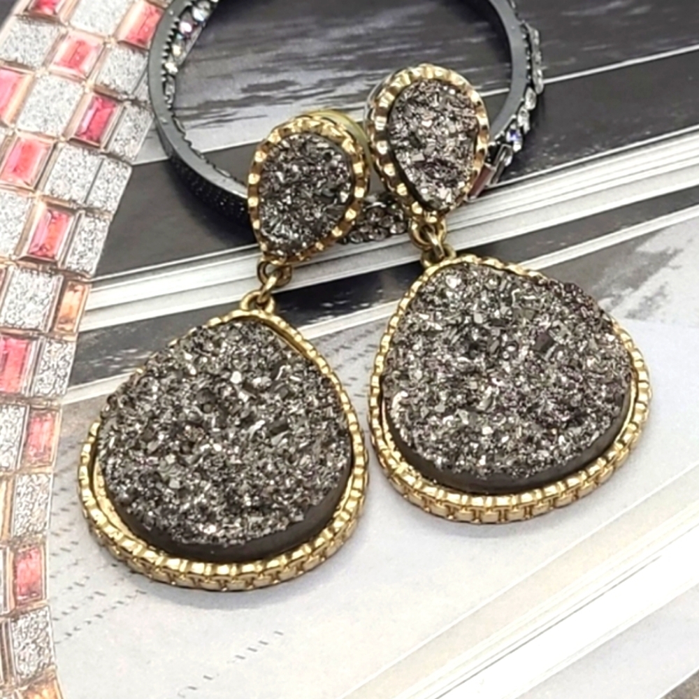 Platinum Druzy Quartz Gold Framed Drop Earrings
